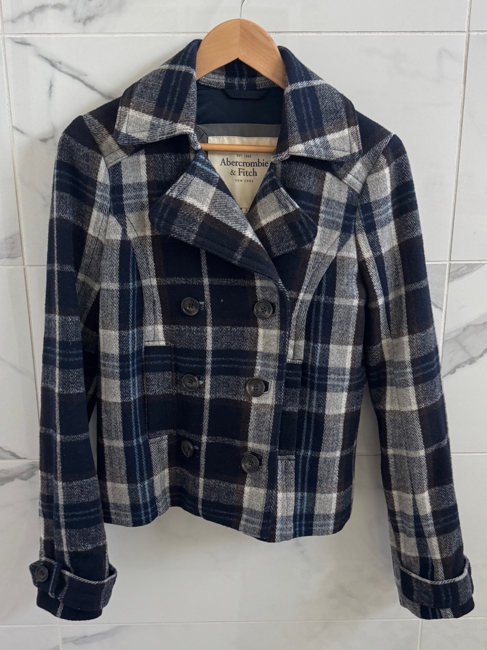 True Y2K wool Abercrombie & Fitch Navy Plaid Double-Breasted Peacoat - small
